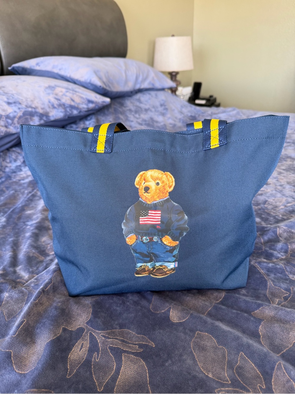 Polo by Ralph Lauren Navy Tote with Yellow-Striped Handles and Bear Graphic - Picture 12 of 16